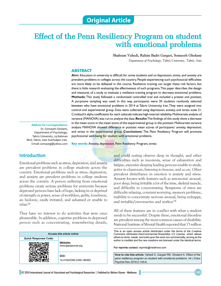 Effect of the Penn Resiliency Program on student with emotional ...